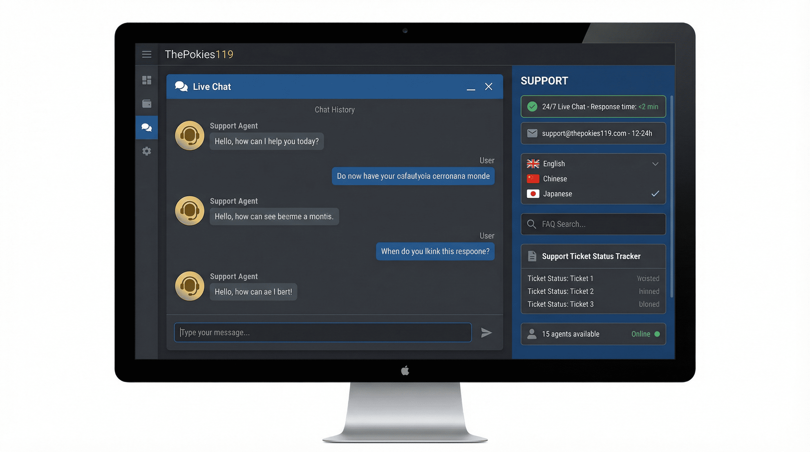 ThePokies 119 customer support page showing live chat window with agent conversation, email support@thepokies119.com, language selector (English/Chinese/Japanese), and 15 agents available indicator