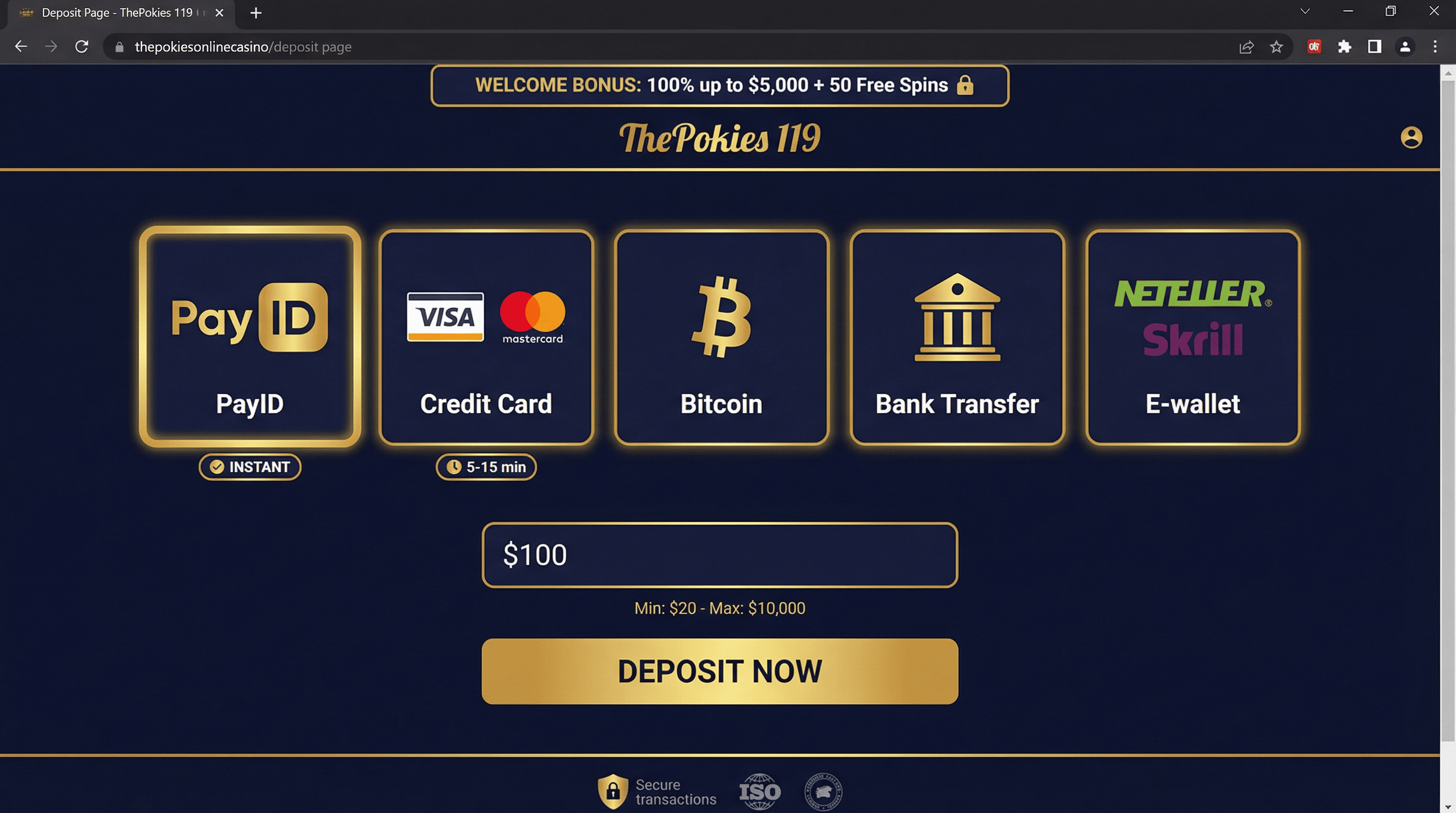 ThePokies 119 deposit page showing payment methods: PayID (highlighted), Visa/Mastercard, Bitcoin, bank transfer, Neteller/Skrill with deposit amount field $100 and min/max limits $20-$10,000