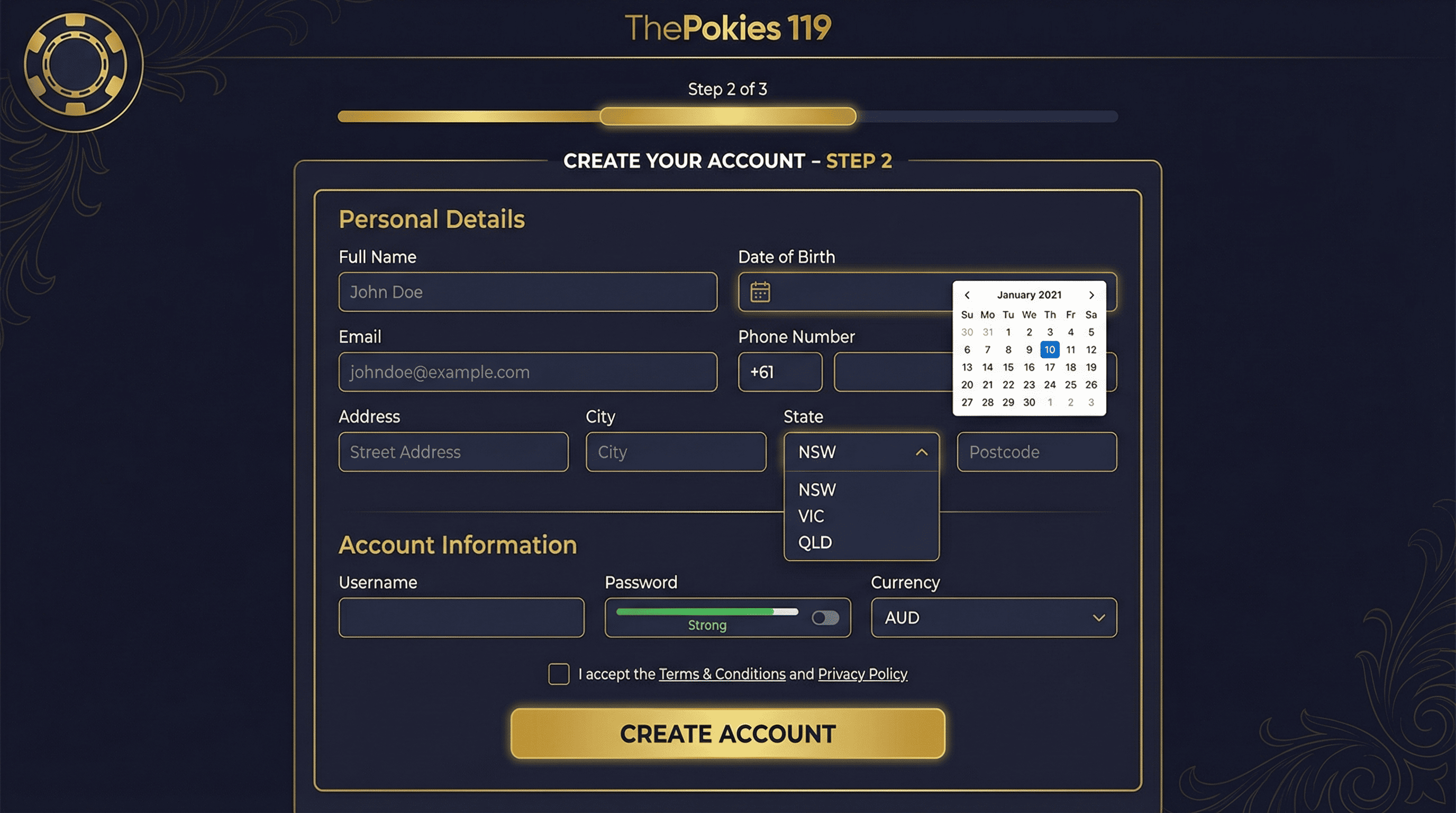 ThePokies 119 registration form interface displaying personal information fields including name, DOB, email, phone (+61 prefix), address (NSW/VIC/QLD dropdown), and CREATE ACCOUNT button