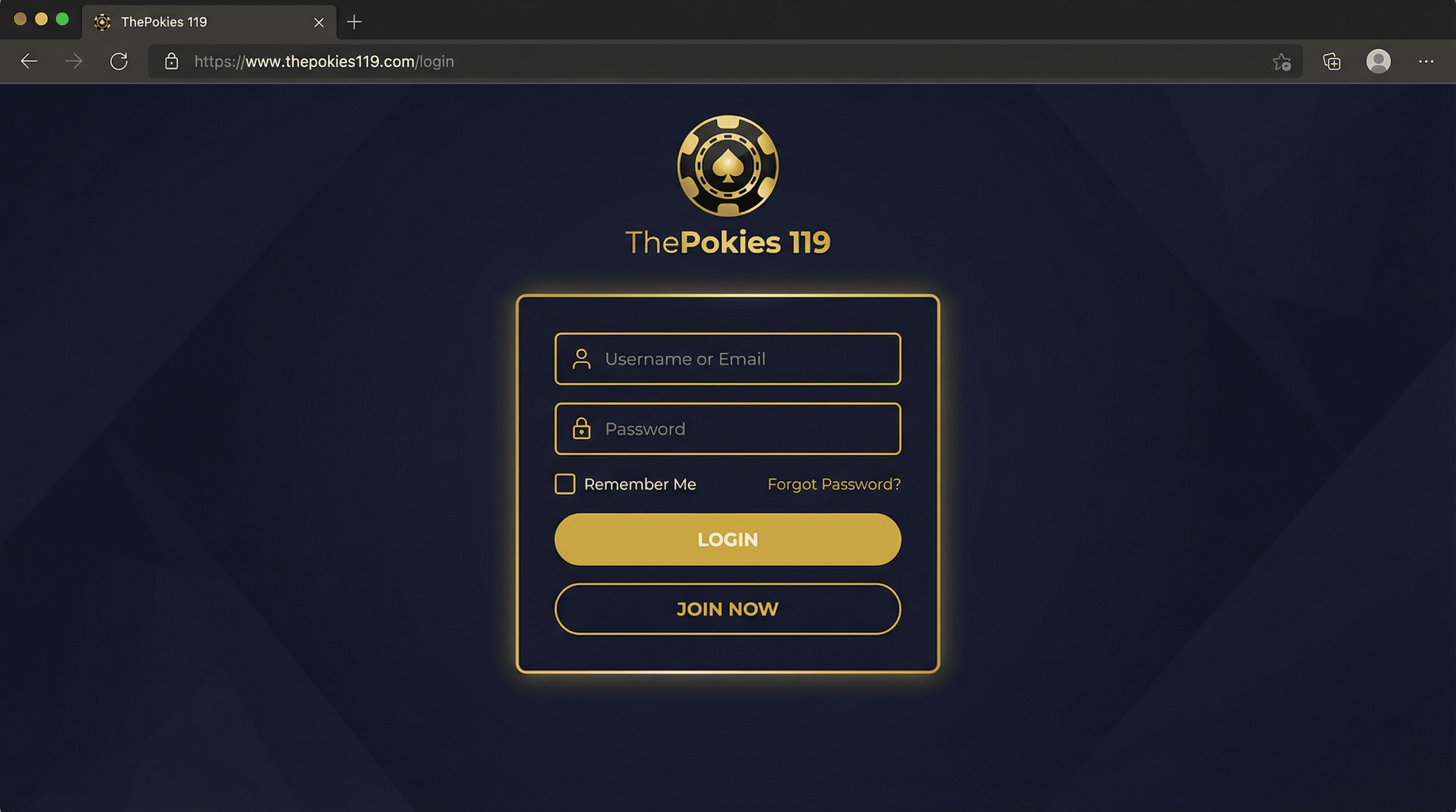 ThePokies 119 login page interface showing username and password input fields, Remember Me checkbox, LOGIN button, and Forgot Password link on dark themed casino website
