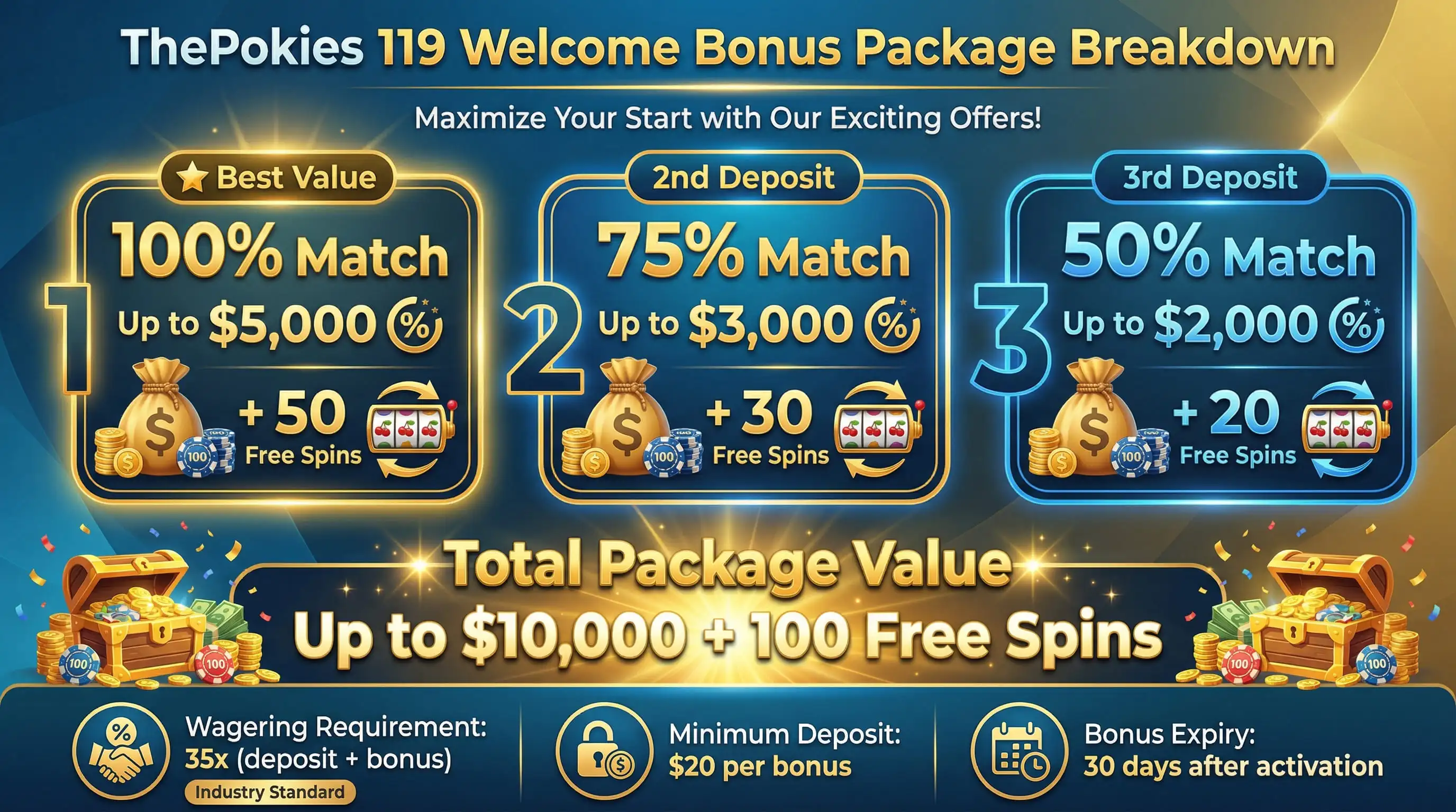 ThePokies 119 welcome bonus breakdown infographic: 1st deposit 100% up to $5,000+50 spins, 2nd deposit 75% up to $3,000+30 spins, 3rd deposit 50% up to $2,000+20 spins, total value up to $10,000+100 spins, 35x wagering, $20 min deposit, 30-day expiry