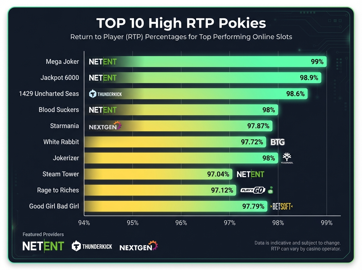 TOP 10 High RTP Pokies at ThePokies 119 with percentage visualization