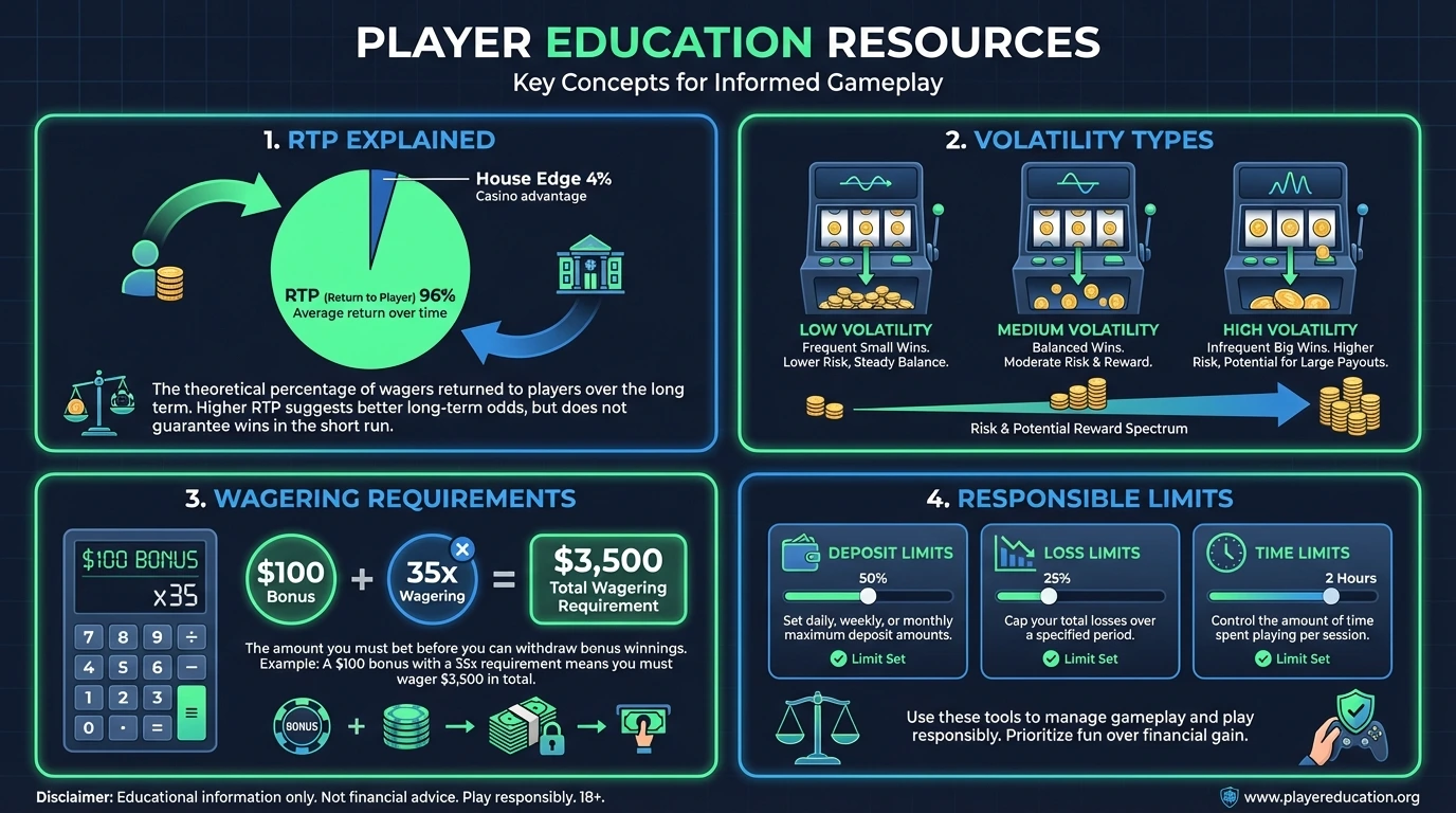 Player education resources for ThePokies 119 including RTP volatility wagering