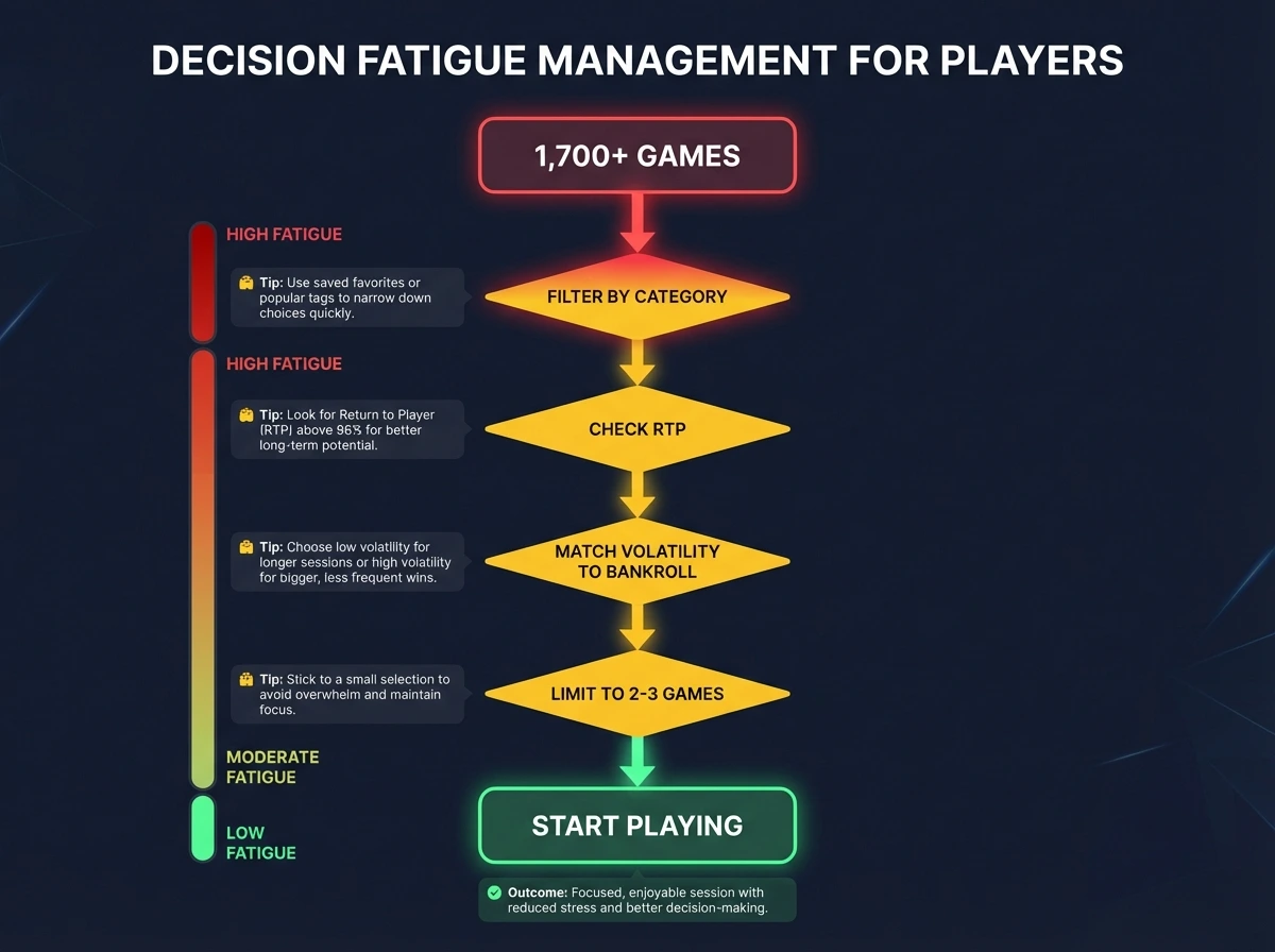 Decision fatigue flowchart for ThePokies 119 players managing game variety
