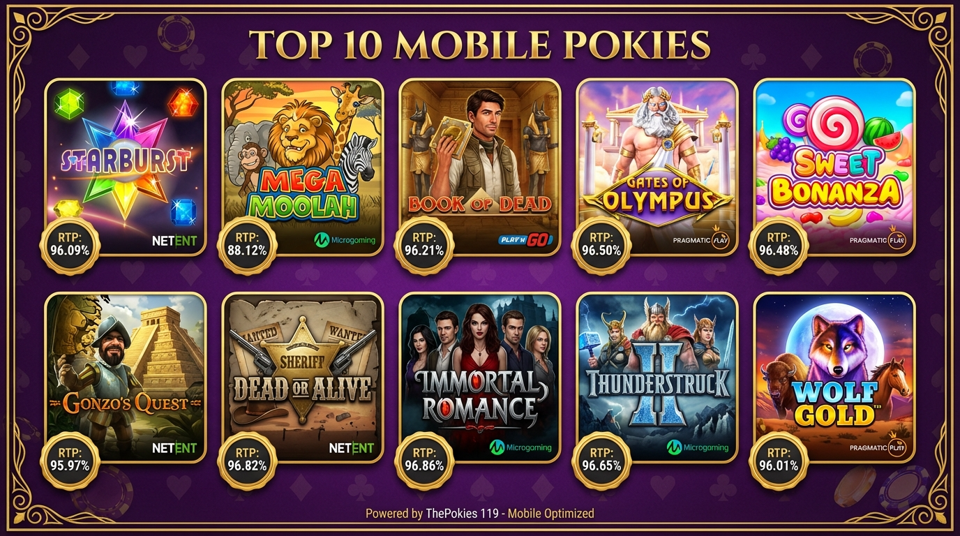 Top 10 mobile pokies at ThePokies 119 visual grid