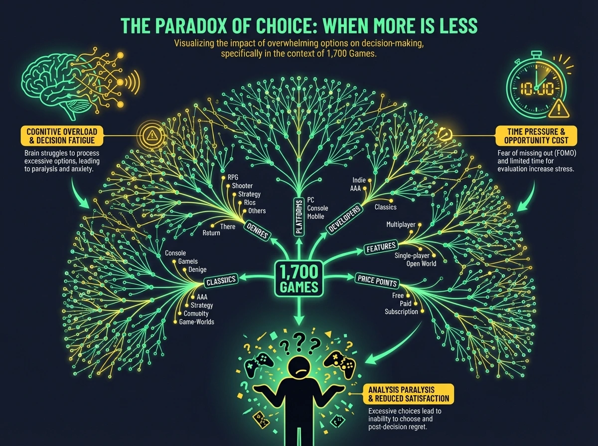 Paradox of choice diagram illustrating decision fatigue in ThePokies 119 game selection