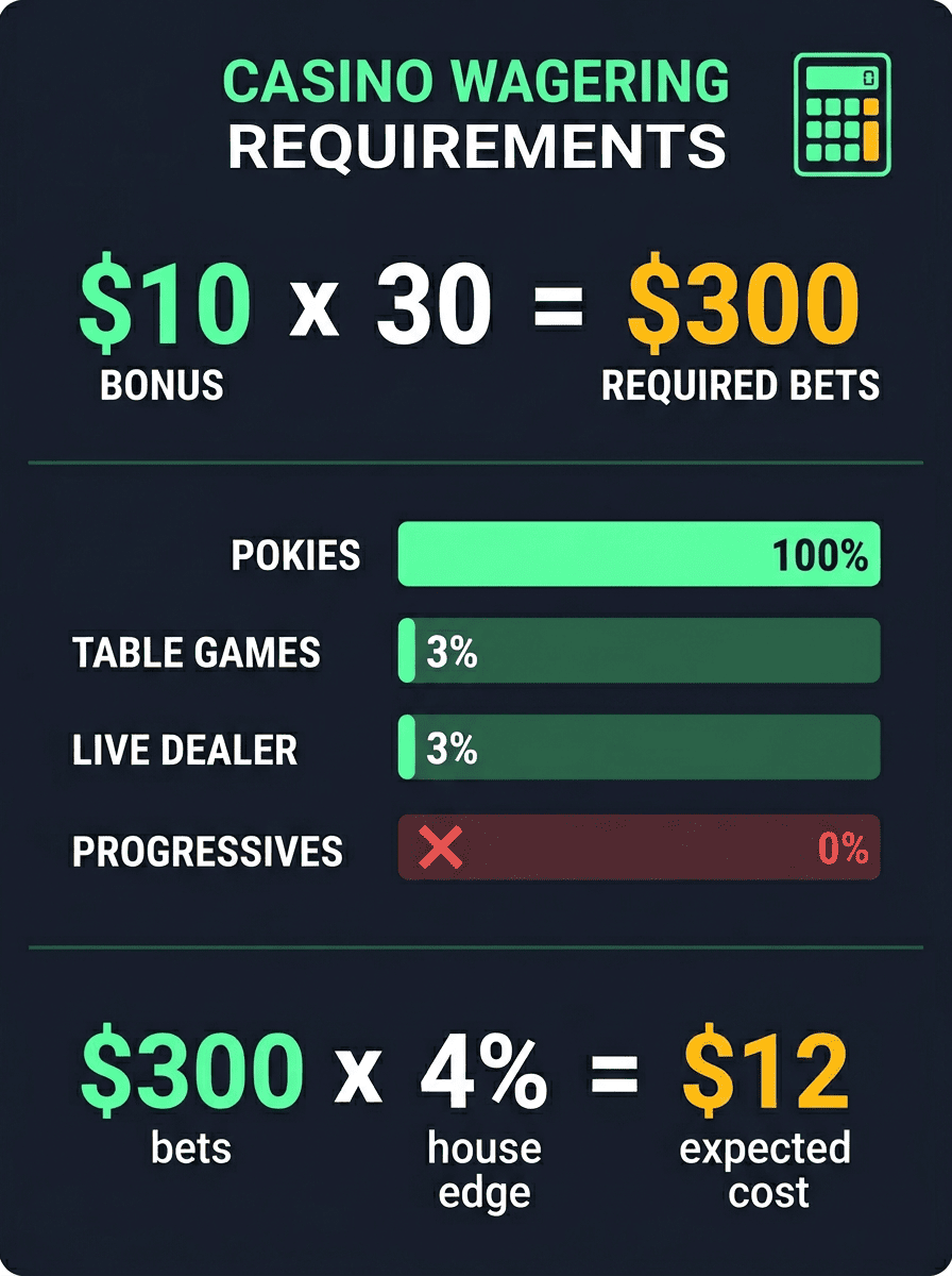 Infographic showing ThePokies 119 wagering requirement calculation: $10 bonus x 30 = $300 required bets with game contribution rates