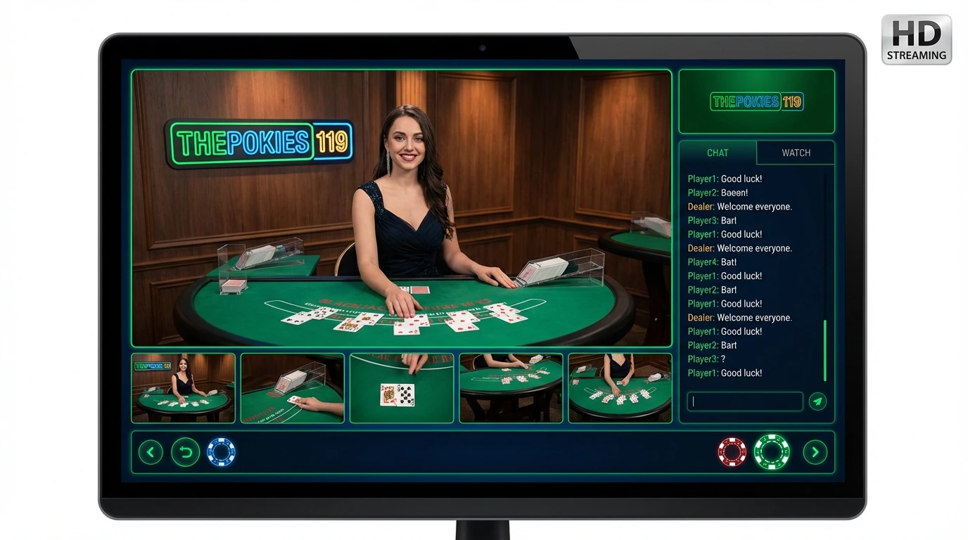 Live Dealer interface at ThePokies 119 showing real-time blackjack and roulette