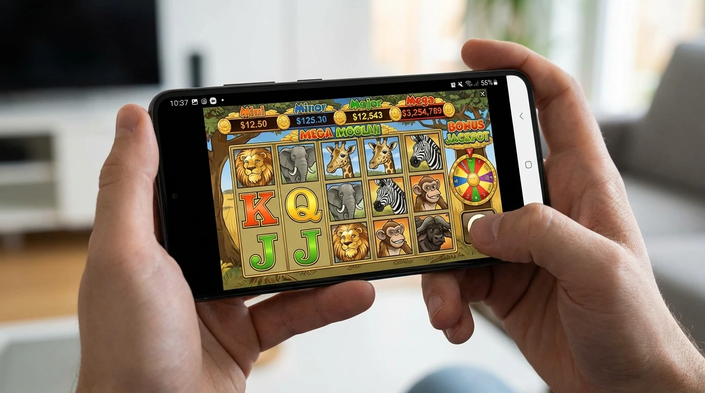 Playing Mega Moolah mobile on Samsung Galaxy S24 at ThePokies 119