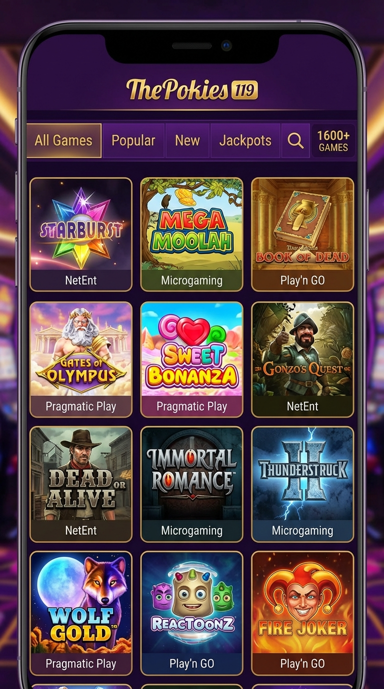 ThePokies 119 mobile pokies interface on iPhone and Samsung Galaxy showing game lobby
