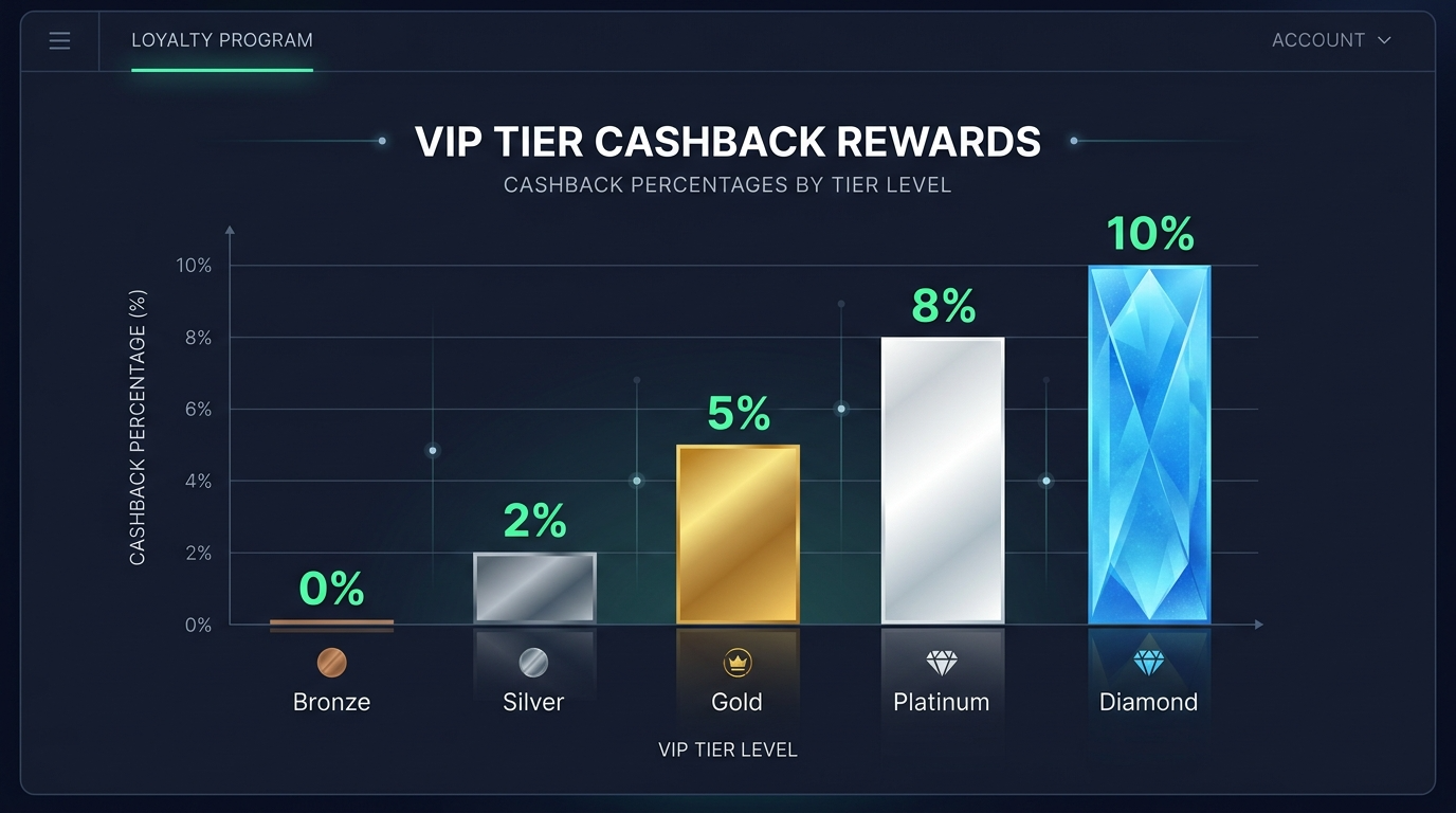 Monthly cashback percentages by VIP tier at ThePokies 119 ranging from 2% Silver to 10% Diamond