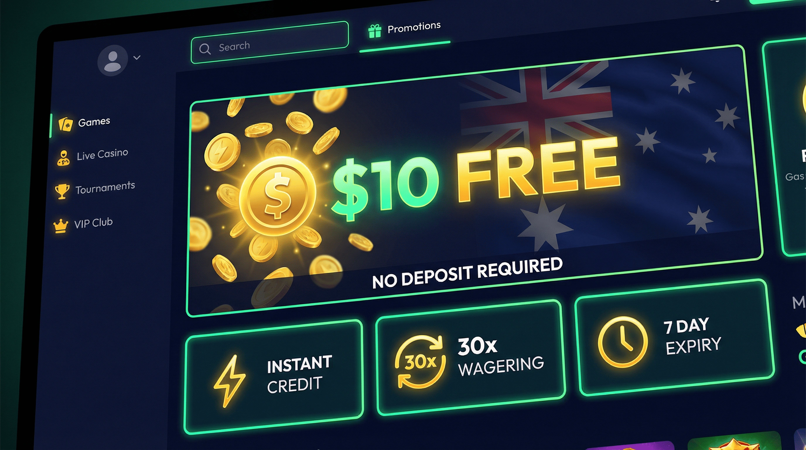 ThePokies 119 no deposit bonus dashboard showing $10 free credit, 30x wagering requirement and $100 maximum cashout for Australian players