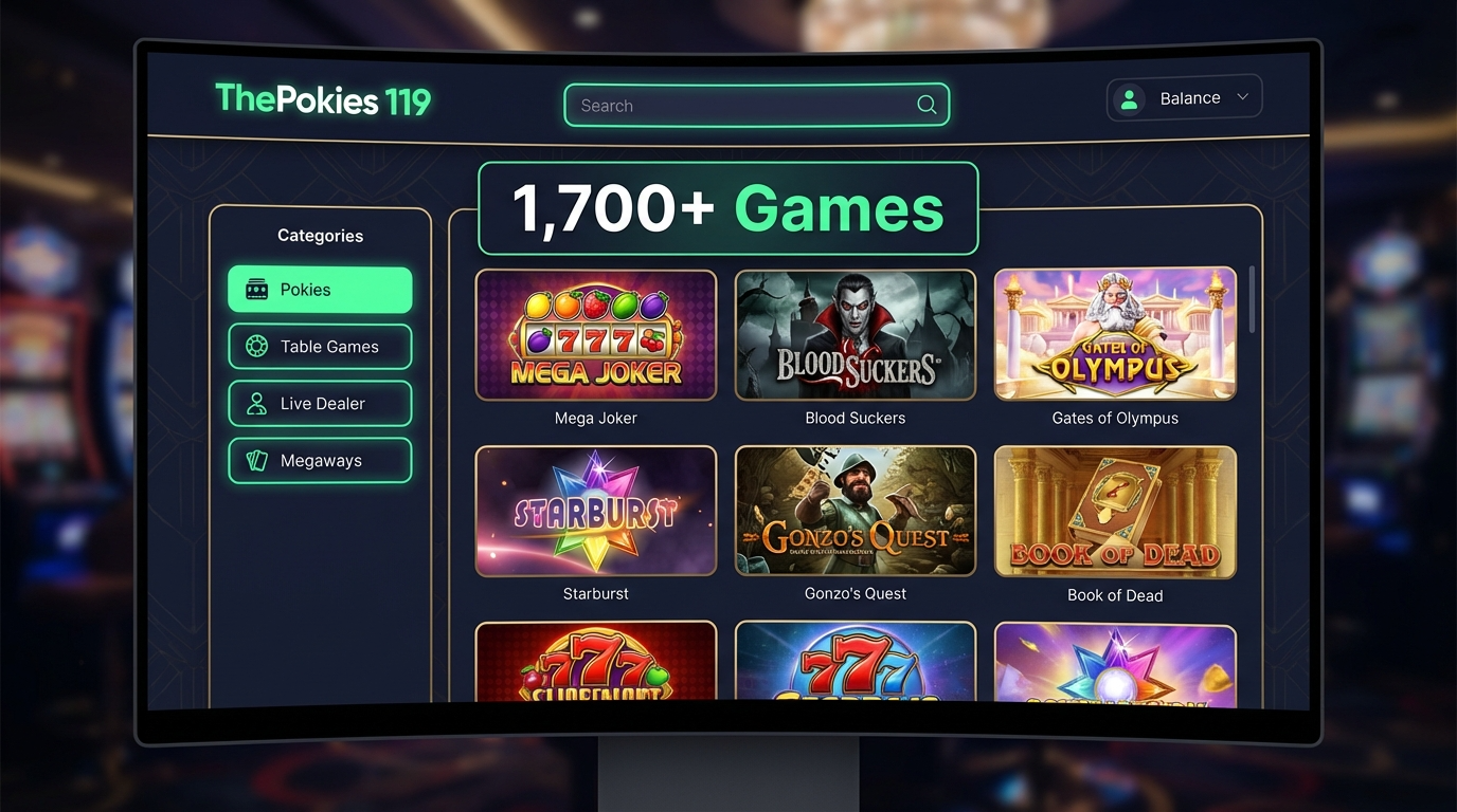 ThePokies 119 game lobby showing 1700+ pokies and filter interface