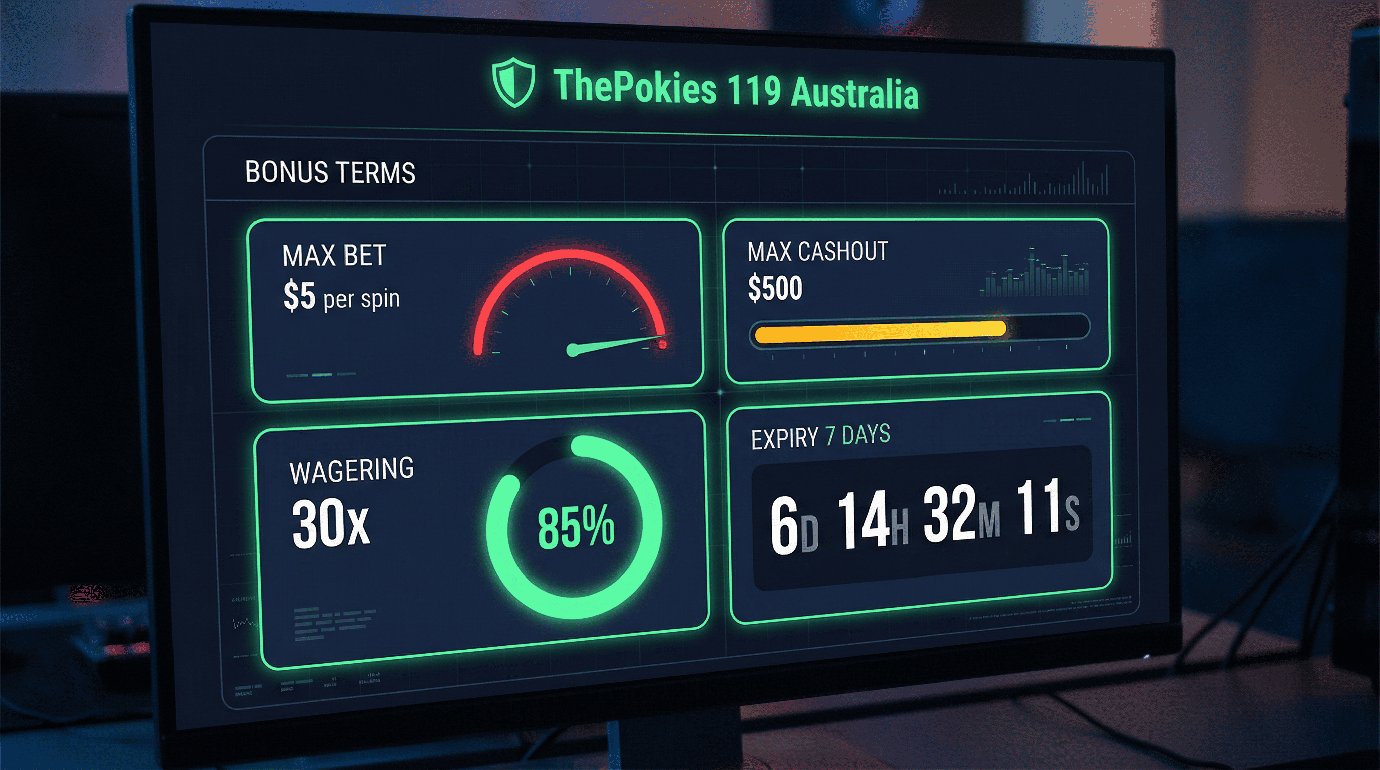 ThePokies 119 bonus limits dashboard showing wagering requirements max bet cashout limit and 7-day expiry rules for Australian players