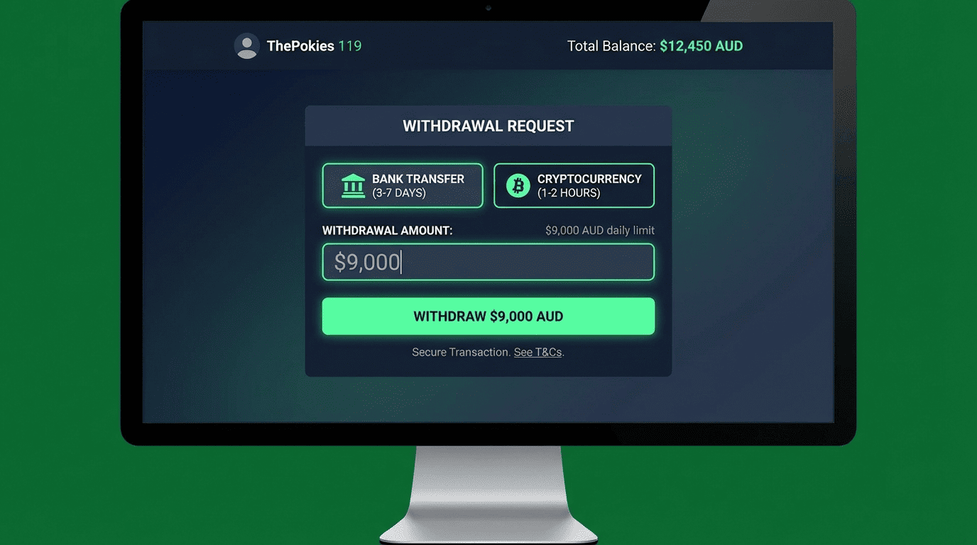 ThePokies 119 withdrawal request form showing bank transfer and cryptocurrency options with $9,000 daily limit