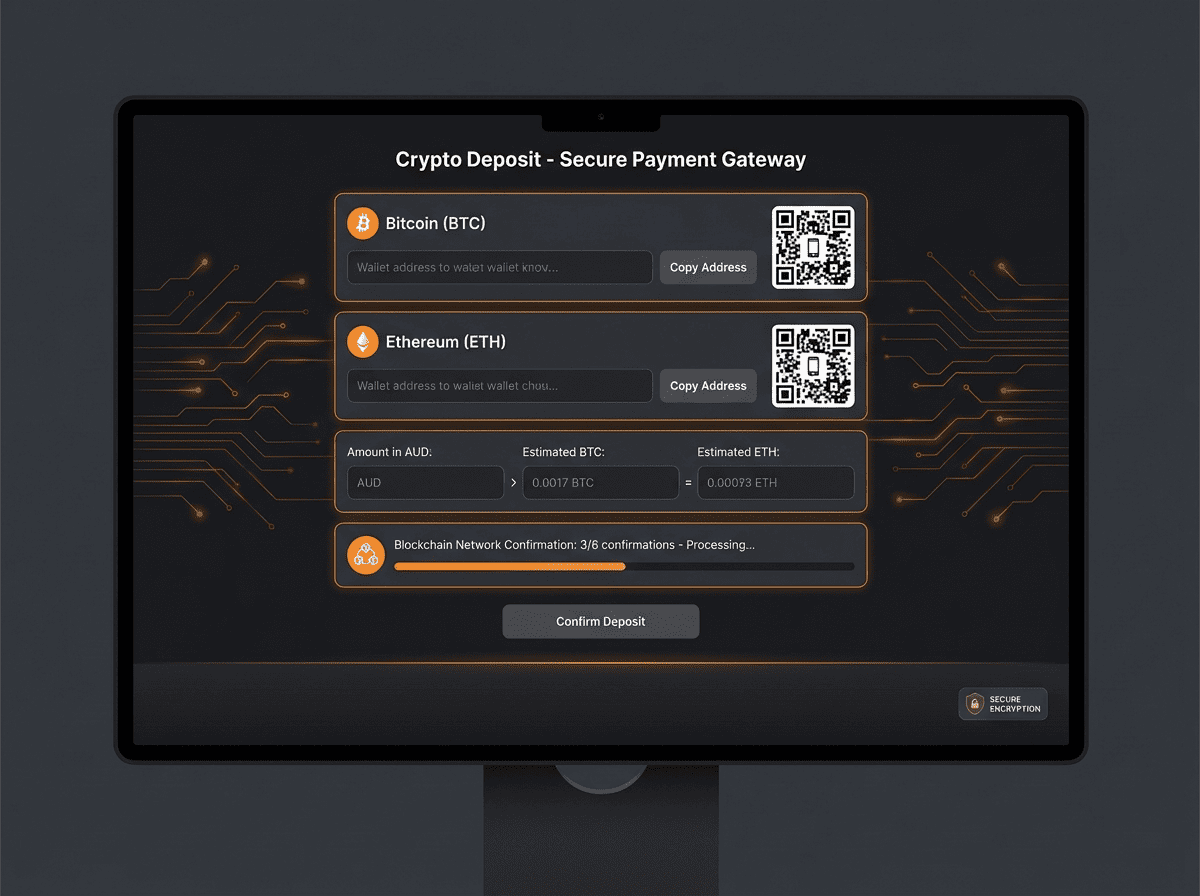 Cryptocurrency deposit interface for Bitcoin and Ethereum at ThePokies 119