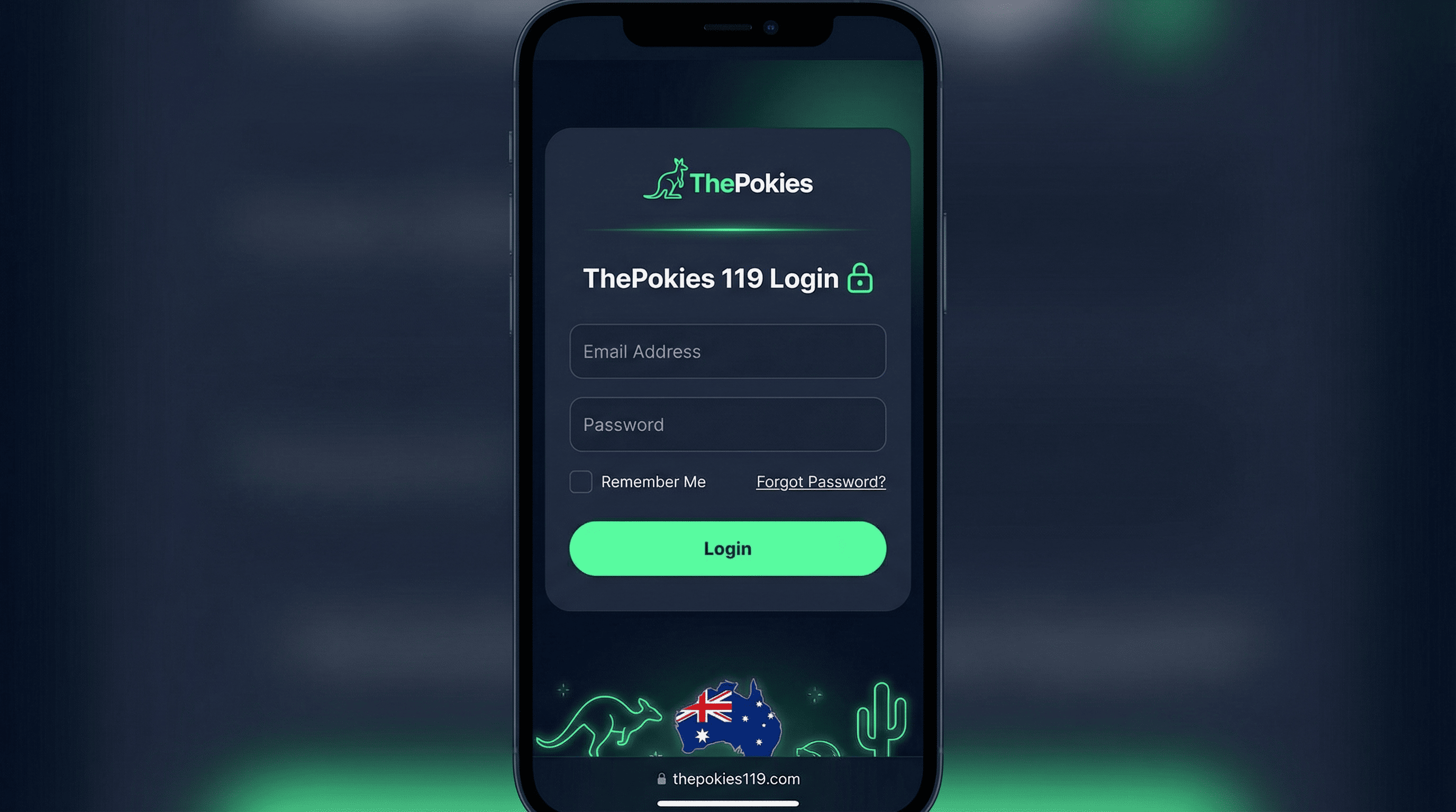 ThePokies 119 login form interface showing email and password fields with secure SSL encryption