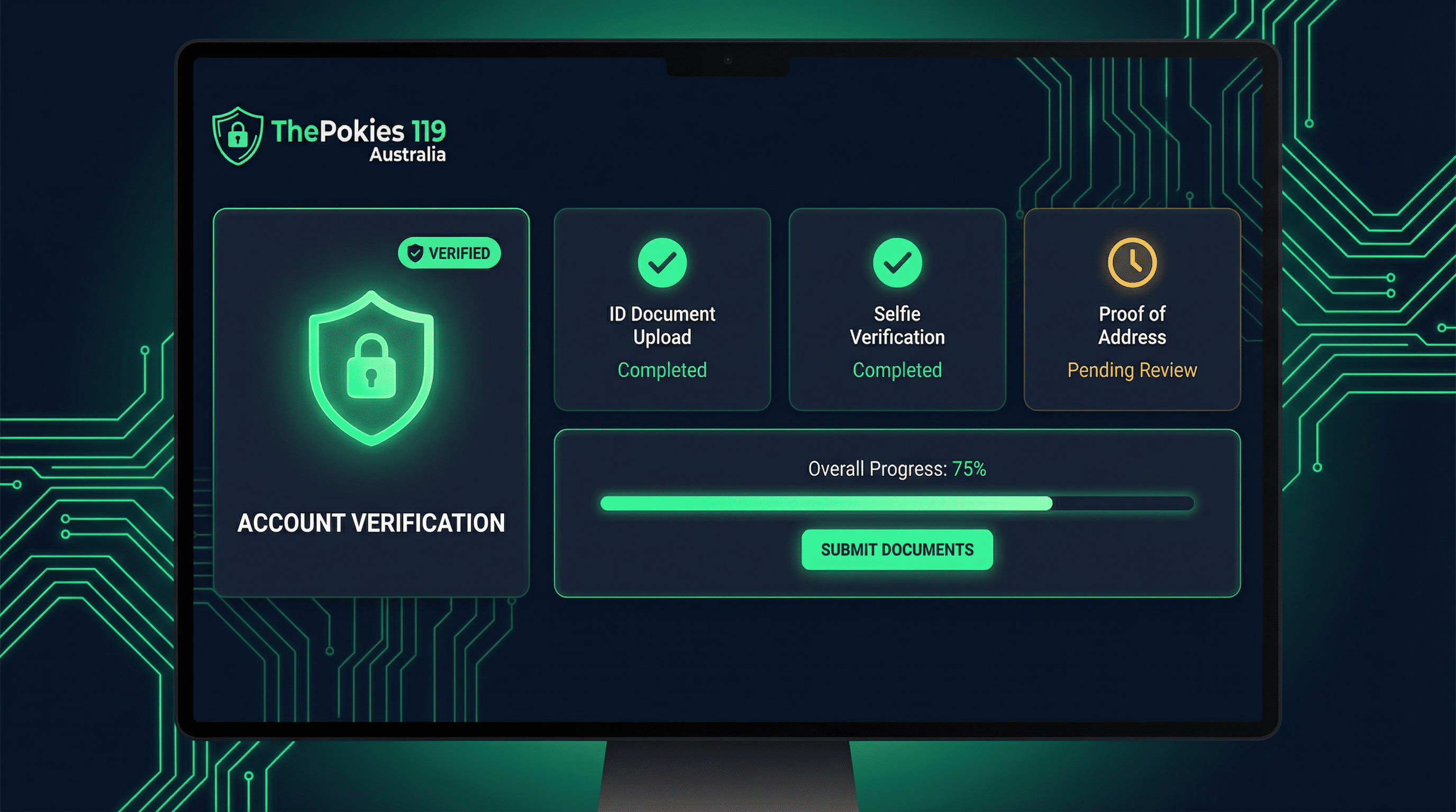 ThePokies 119 KYC verification required documents showing photo ID, proof of address, and payment method confirmation checklist for Australian players