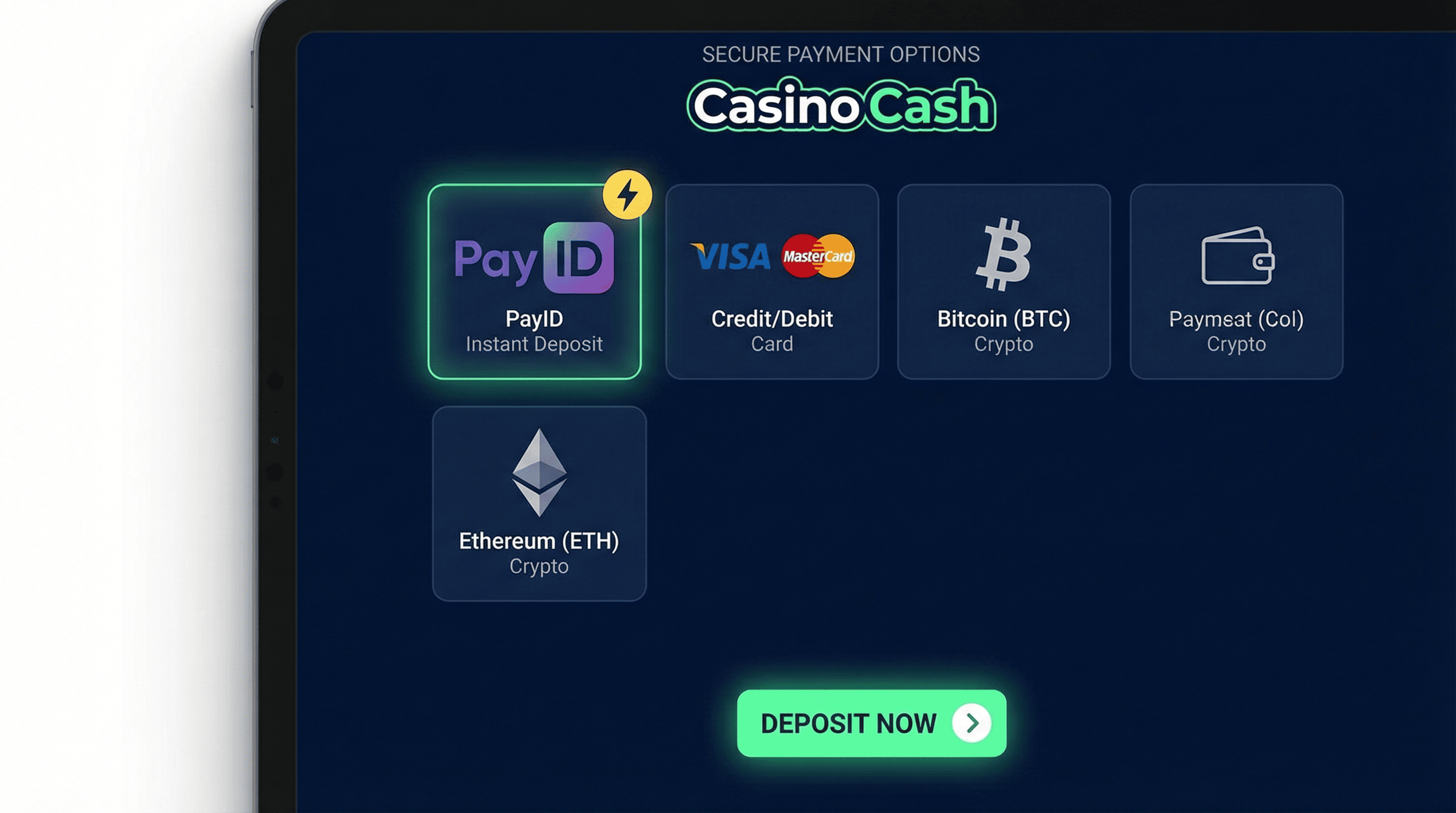 ThePokies 119 payment dashboard showing PayID, Visa, MasterCard, and cryptocurrency deposit options