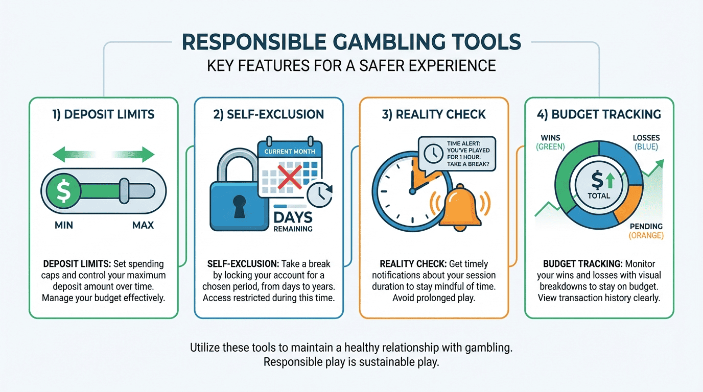 Responsible gambling payment tools at ThePokies 119 including deposit limits and self-exclusion