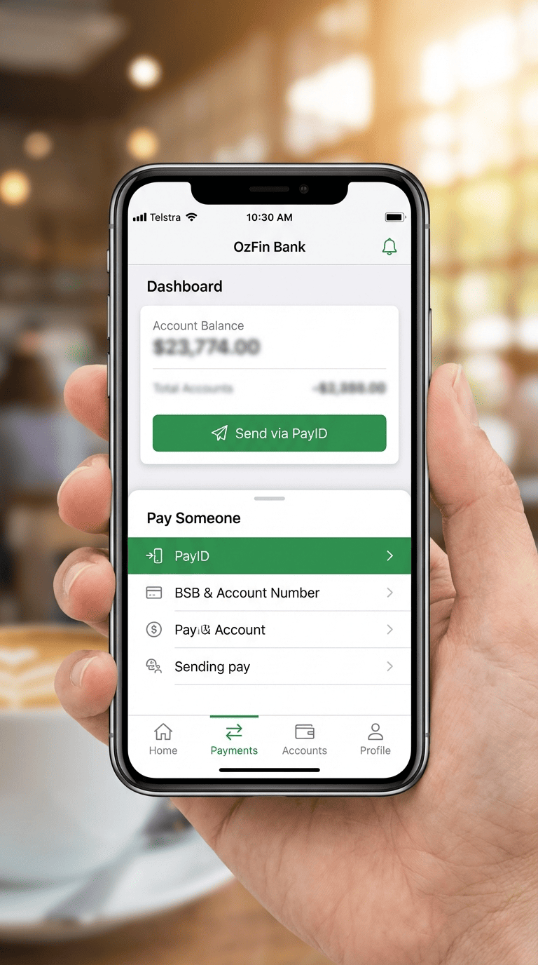 Mobile banking app showing PayID deposit process for ThePokies 119