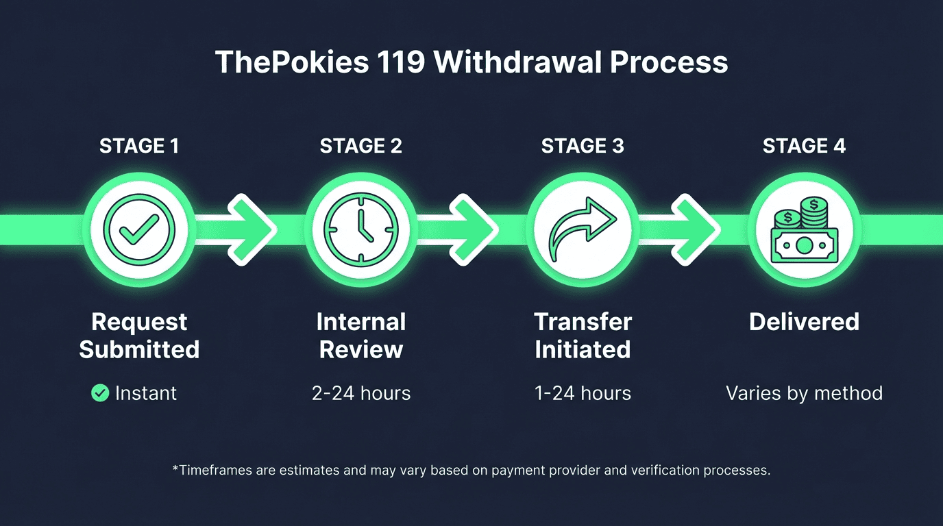 Step-by-step timeline of ThePokies 119 withdrawal process from request submission to bank arrival in 3-7 days