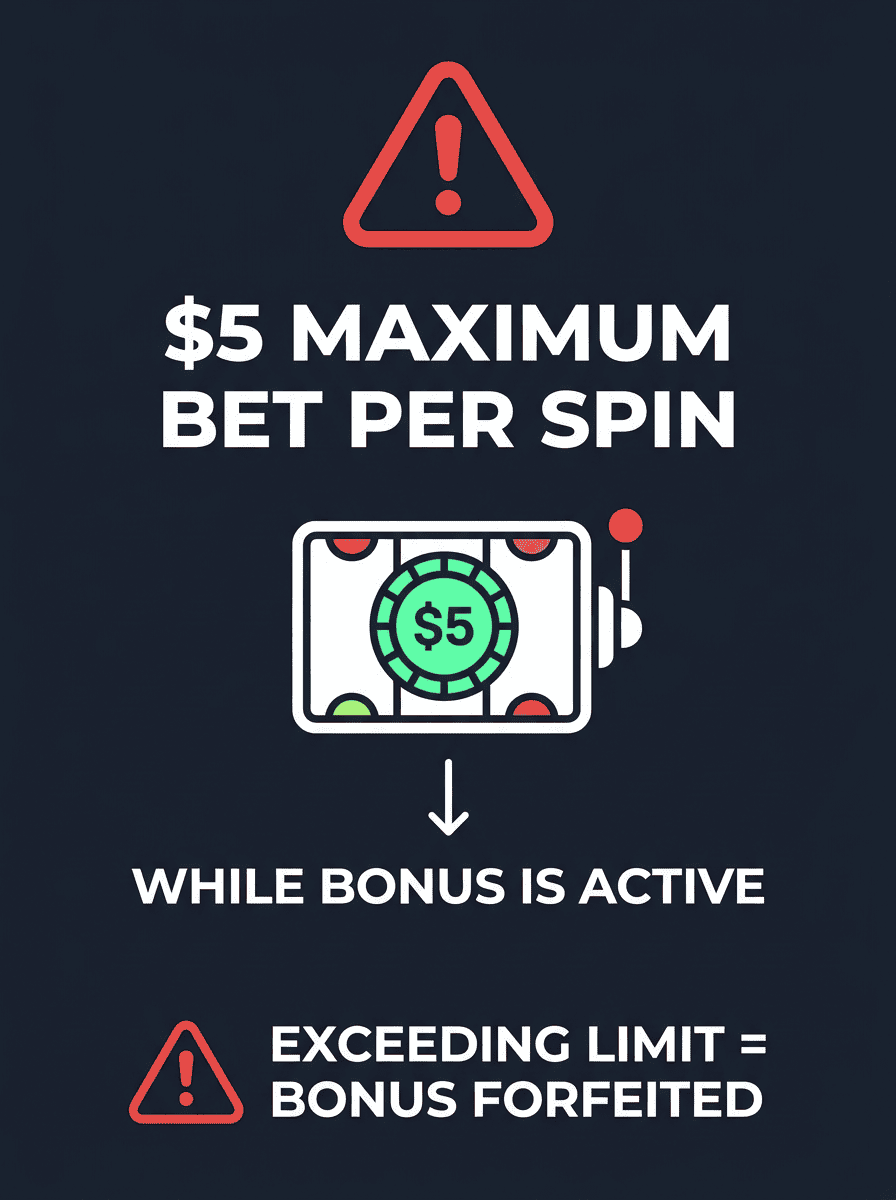 ThePokies 119 maximum bet limit infographic showing $5 per spin rule during active bonus play with warning about bonus forfeiture